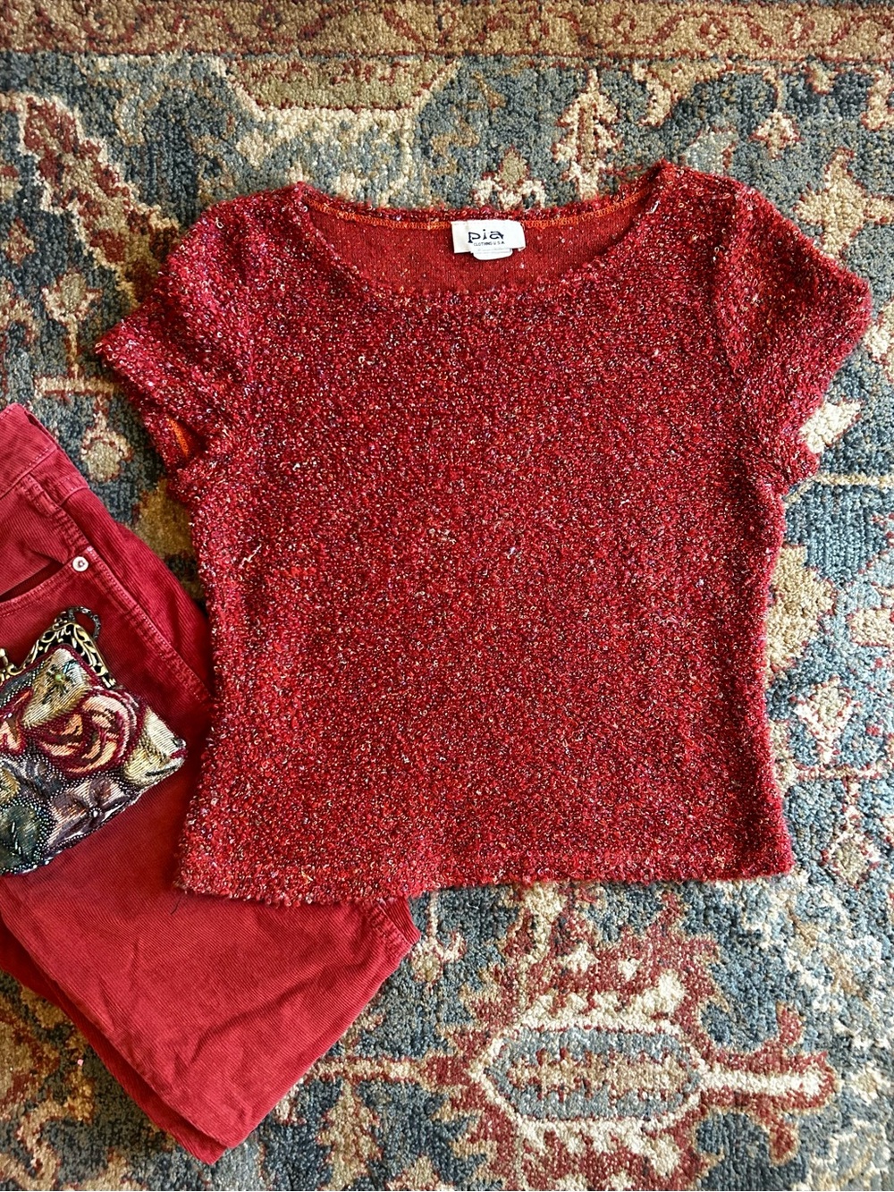 Vintage Orange Textured Short Sleeve Knit Crop Top. Small medium